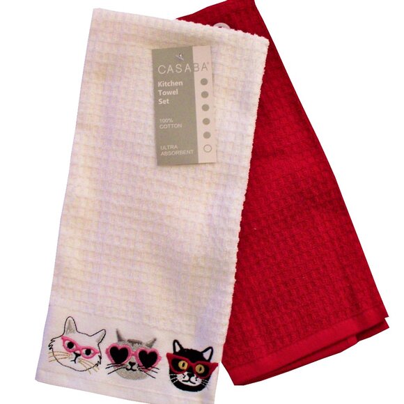 Casaba 2 Pc. Kitchen Towel Set Embroidered Cat Faces w/Glasses Red White Cotton - Picture 1 of 2